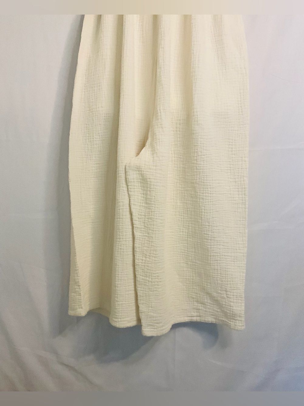 Mable Boho Cream Cotton Gauze Smocked Wide Leg Jumpsuit Tie Shoulder Small Ivory - Picture 4 of 8